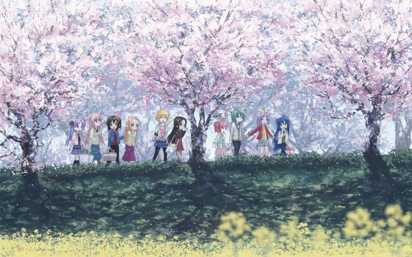 ahoge arms_behind_back backpack bag black_hair blonde_hair blue_eyes blue_hair bow brown_hair camera cherry_blossoms closed_eyes everyone glasses green_eyes green_hair hair_bow hair_ribbon hairband handbag highres hiiragi_kagami hiiragi_tsukasa isou_nagi iwasaki_minami izumi_konata jacket kneehighs kobayakawa_yutaka kusakabe_misao landscape long_hair lucky_star minegishi_ayano mole nature open_mouth pants pantyhose patricia_martin picnic_basket pink_hair plaid pointing purple_eyes purple_hair purse red_eyes red_hair ribbon scenery short_hair skirt smile socks striped takara_miyuki tamura_hiyori tareme thighhighs tongue tree tsurime twintails very_long_hair wallpaper wink yellow_eyes