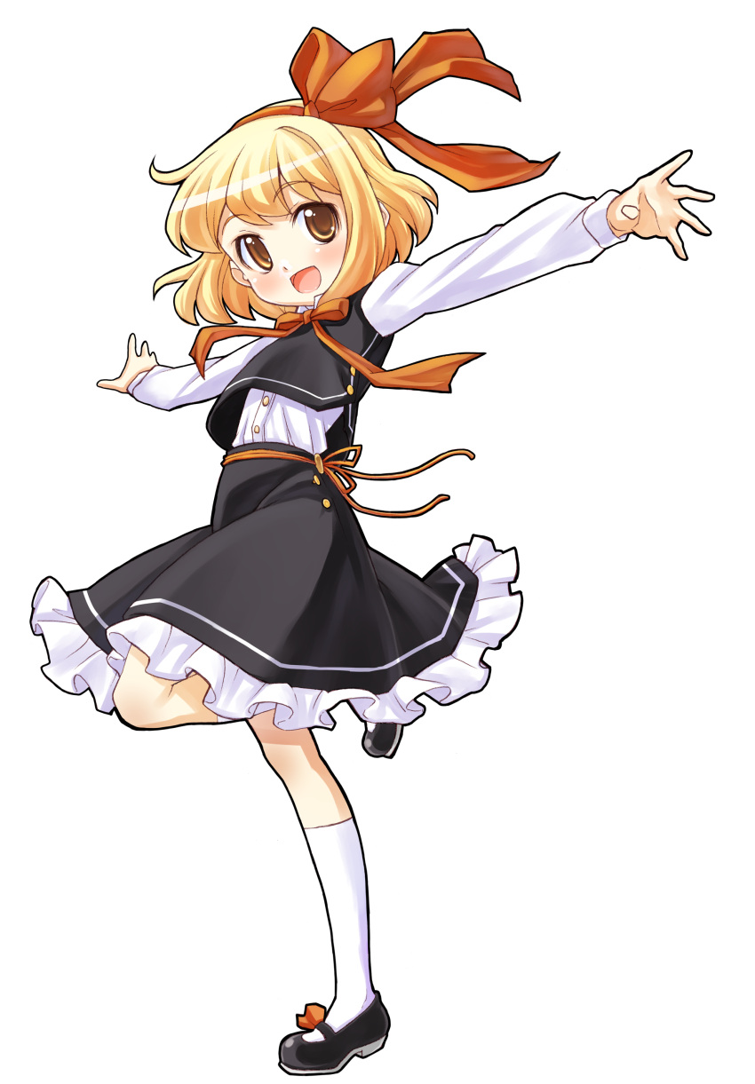 absurdres blonde_hair hair_ribbon highres mary_janes outstretched_arms ribbon rumia sakino_shingetsu shoes short_hair solo spread_arms touhou transparent_background yellow_eyes