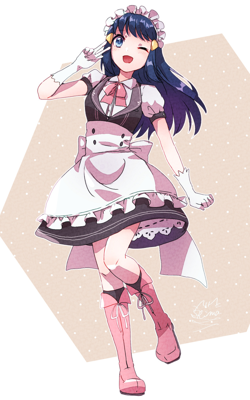 1girl blue_eyes blue_hair boots commission full_body hair_ornament highres hikari_(pokemon) looking_at_viewer maid nekonomi_kenshi one_eye_closed pink_footwear pokemon pokemon_(game) pokemon_dppt skeb_commission smile solo v