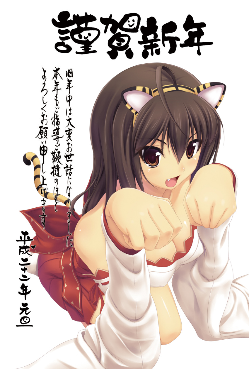 animal_ears bare_shoulders breasts brown_eyes brown_hair cat_pose cleavage fang fujirin highres long_hair new_year paw_pose solo tail tiger_ears tiger_tail translation_request