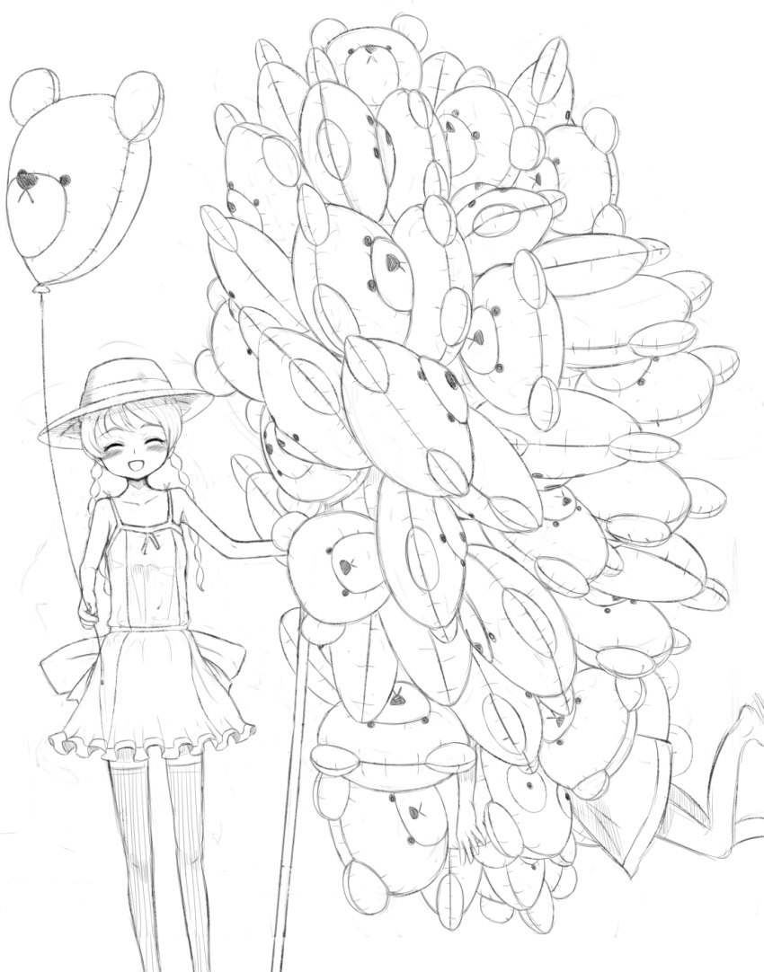 bad_id balloon bear bow braid closed_eyes hat highres mitukitakezou monochrome sketch smile thigh-highs thighhighs twintails when_you_see_it zettai_ryouiki