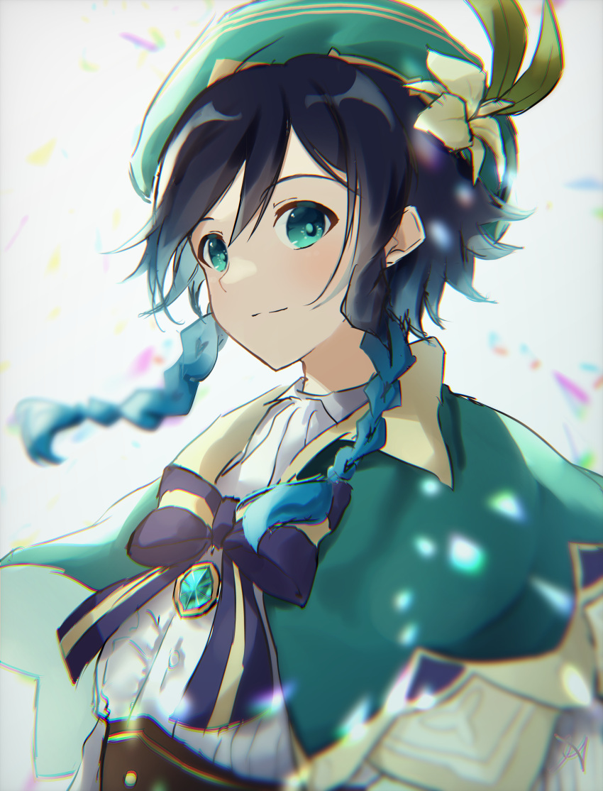 1boy absurdres androgynous aoi_hane bangs beret black_hair blue_hair bow braid brooch closed_mouth collared_cape collared_shirt commentary_request corset flower gem genshin_impact gradient_hair green_eyes green_headwear hat hat_flower highres jewelry leaf looking_at_viewer male_focus multicolored_hair shirt short_hair_with_long_locks sidelocks simple_background smile solo twin_braids venti_(genshin_impact) white_background white_flower white_shirt