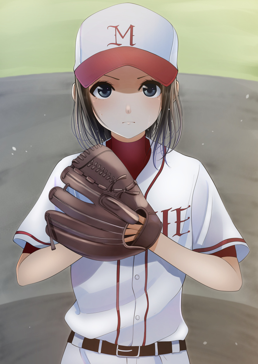 &gt;:( 1girl absurdres baseball baseball_cap baseball_mitt baseball_uniform belt black_eyes black_hair blush closed_mouth clothes_writing commentary_request doctor_k_shoujo hat highres kentaurosu looking_at_viewer novel_illustration official_art outdoors second-party_source serious short_hair short_sleeves solo sportswear sweat upper_body v-shaped_eyebrows