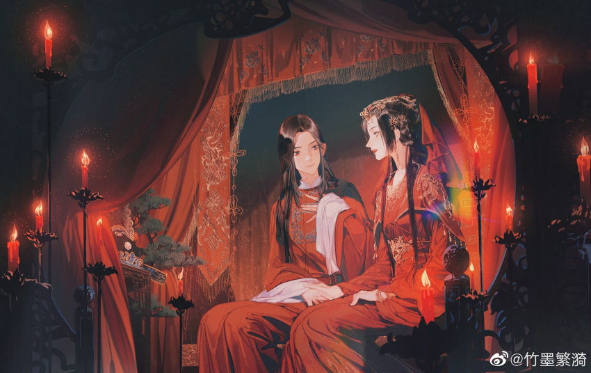1boy 1girl absurdres black_hair candle china_dress chinese_clothes couple curtains dress hair_ornament hair_over_shoulder highres indoors long_hair looking_at_another on_bed original red_dress red_theme sitting sitting_on_bed straight_hair veil wedding_dress zhu_mo_fan_yi