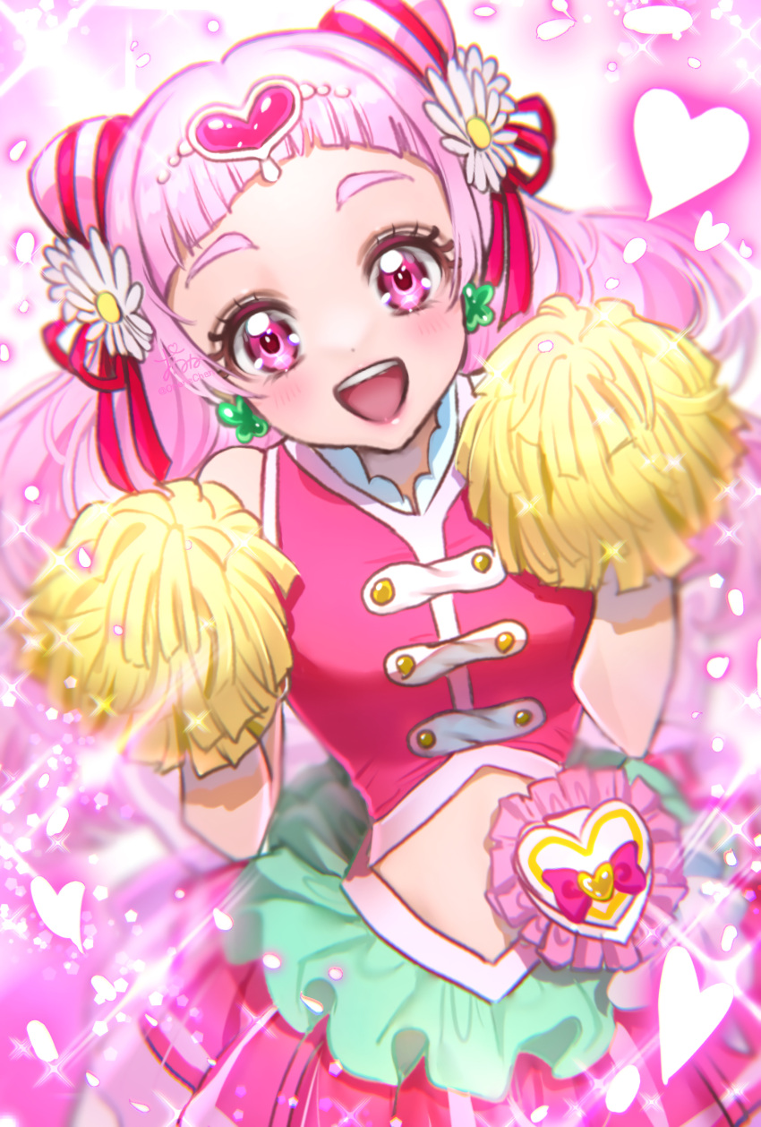 1girl :d absurdres clover_earrings cure_yell double_bun flower hair_cones hair_flower hair_ornament hair_ribbon heart heart_hair_ornament highres hugtto!_precure layered_skirt long_hair looking_at_viewer magical_girl nono_hana onenechan open_mouth pink_background pink_eyes pink_hair pink_skirt pink_theme pom_pom_(cheerleading) pouch precure red_ribbon ribbon skirt smile solo