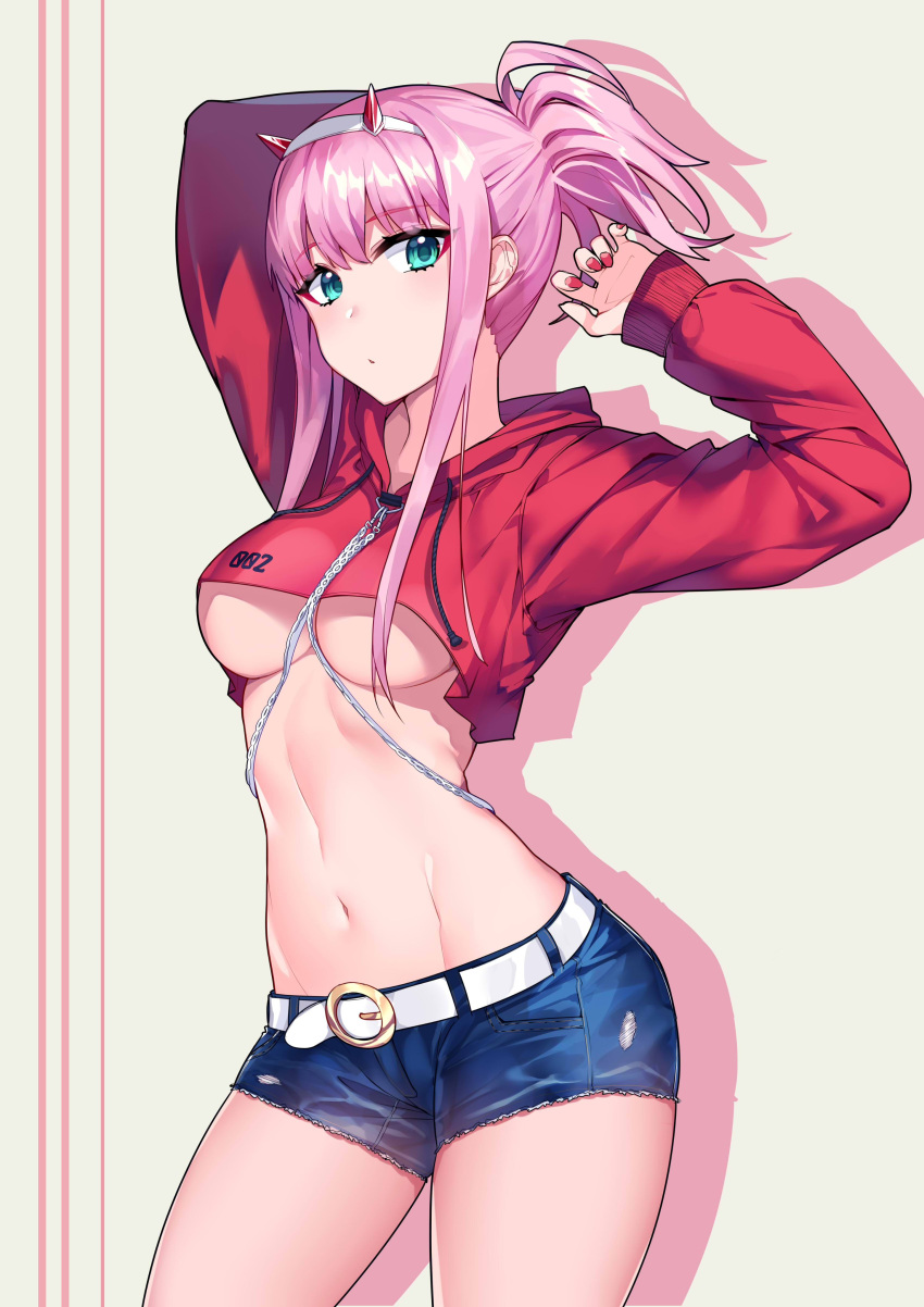 1girl absurdres bangs belt belt_buckle between_breasts breasts buckle cowboy_shot crop_top cropped_sweater cutoff_jeans cutoffs darling_in_the_franxx denim denim_shorts eyebrows_visible_through_hair frayed_clothes gendo0032 green_eyes groin_tendon hairband highres hood hooded_sweater jeans looking_at_viewer medium_breasts midriff navel pink_hair red_nails red_sweater shadow short_shorts shorts simple_background solo stomach sweater torn_clothes torn_jeans under_boob white_hairband yellow_background zero_two_(darling_in_the_franxx)