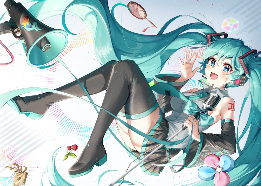 1girl absurdres aqua_hair black_legwear black_skirt black_sleeves blue_eyes boots breasts detached_sleeves hatsune_miku highres holding holding_microphone_stand long_hair medium_breasts megaphone menna_(0012) microphone microphone_stand miniskirt necktie pleated_skirt shoulder_tattoo skirt sleeveless solo tattoo thigh-highs thigh_boots twintails very_long_hair vocaloid