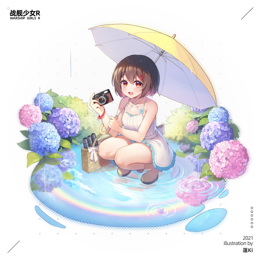 1girl :d bag bangs bare_arms bare_shoulders blue_flower breasts brown_hair camera character_request collarbone dress eyebrows_visible_through_hair flower full_body hair_between_eyes hair_ornament hairclip hasu_(velicia) highres holding holding_camera holding_umbrella hydrangea looking_at_viewer official_art pink_flower puddle rain red_eyes reflection ripples short_hair sleeveless sleeveless_dress small_breasts smile solo torpedo umbrella warship_girls_r water white_background white_dress yellow_umbrella