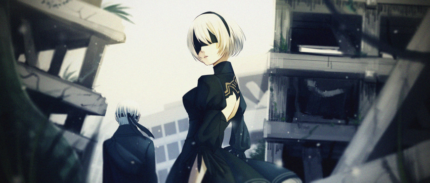1boy 1girl back_cutout black_blindfold black_dress black_hairband blindfold clothing_cutout covered_eyes dress from_behind hairband highres juliet_sleeves long_sleeves nier_(series) nier_automata outdoors puffy_sleeves sanyou solo_focus white_hair yorha_no._2_type_b yorha_no._9_type_s