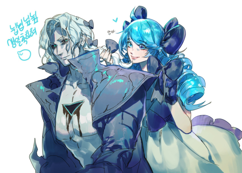 1boy 1girl bangs black_bow black_jacket black_sclera blue_eyes bow character_request collarbone colored_sclera dress drill_hair eyebrows_visible_through_hair gwen_(league_of_legends) hair_behind_ear hair_bow heart highres holding holding_hair jacket korean_commentary korean_text league_of_legends pale_skin parted_lips pectorals small_dduck smile twin_drills twintails white_dress white_hair