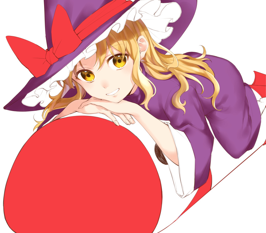 1girl absurdres bangs blonde_hair bow brown_eyes closed_mouth dress eyebrows_visible_through_hair frills hair_between_eyes hat hat_bow highres jill_07km kirisame_marisa kirisame_marisa_(pc-98) long_hair long_sleeves looking_at_viewer lying mimi-chan no_shoes purple_dress purple_headwear purple_sleeves red_bow simple_background smile socks solo teeth touhou touhou_(pc-98) white_background white_legwear yellow_eyes