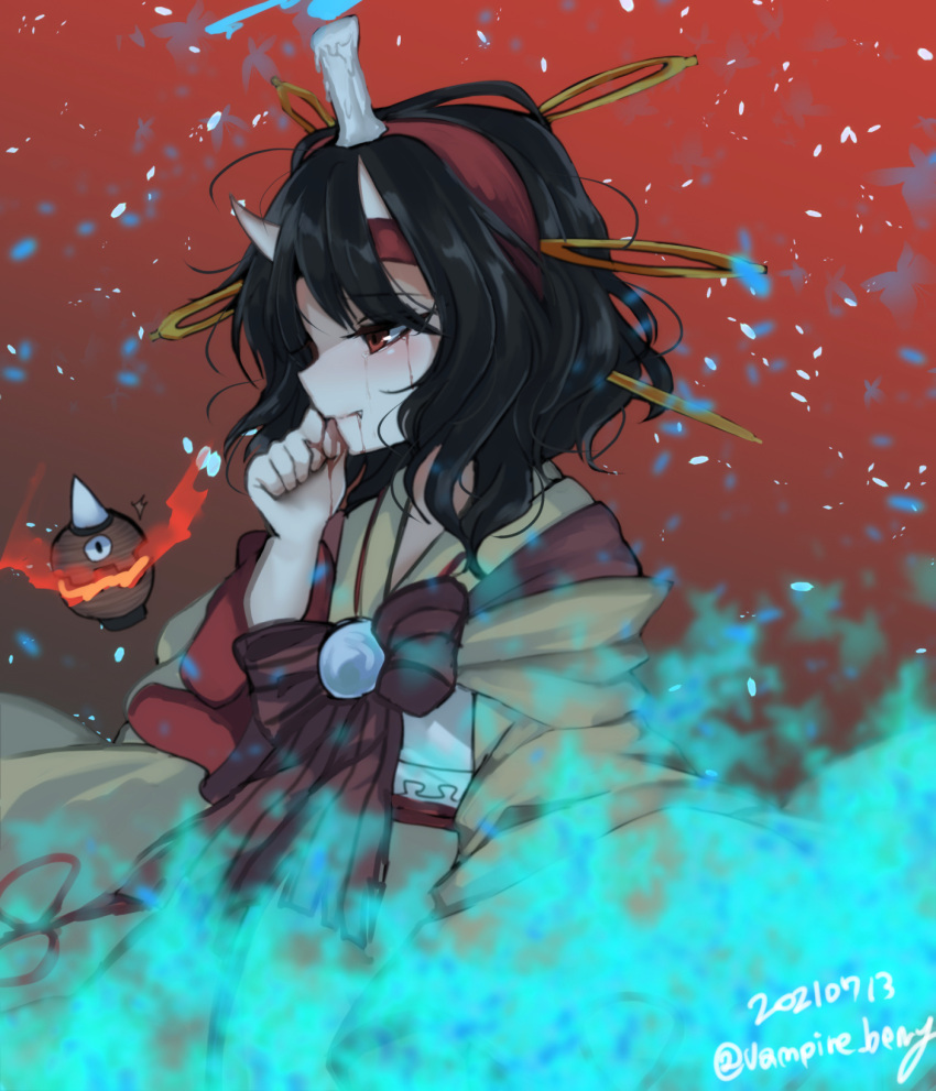 1other androgynous black_hair candle fangs fire flame ghost ghost_tail hairband highres horns japanese_clothes kimono lamp len'en ougi_hina red_eyes short_hair solo taira_no_chouki tears