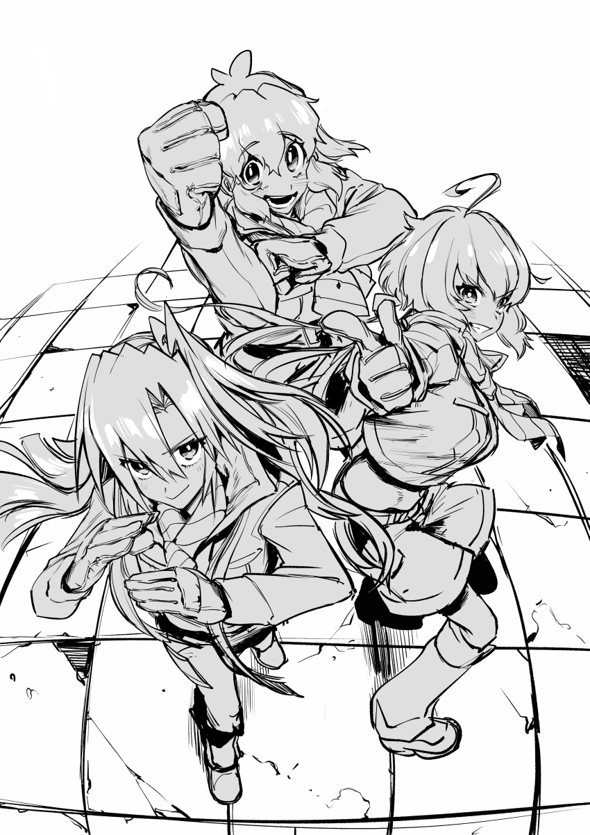 3girls absurdres ahoge bangs breasts clenched_hands eyebrows_visible_through_hair gloves greyscale grin hair_between_eyes highres kazanari_tsubasa long_hair long_sleeves looking_at_viewer meme monochrome multiple_girls open_mouth pose rx_hts senki_zesshou_symphogear short_hair shorts smile tachibana_hibiki_(symphogear) yukine_chris