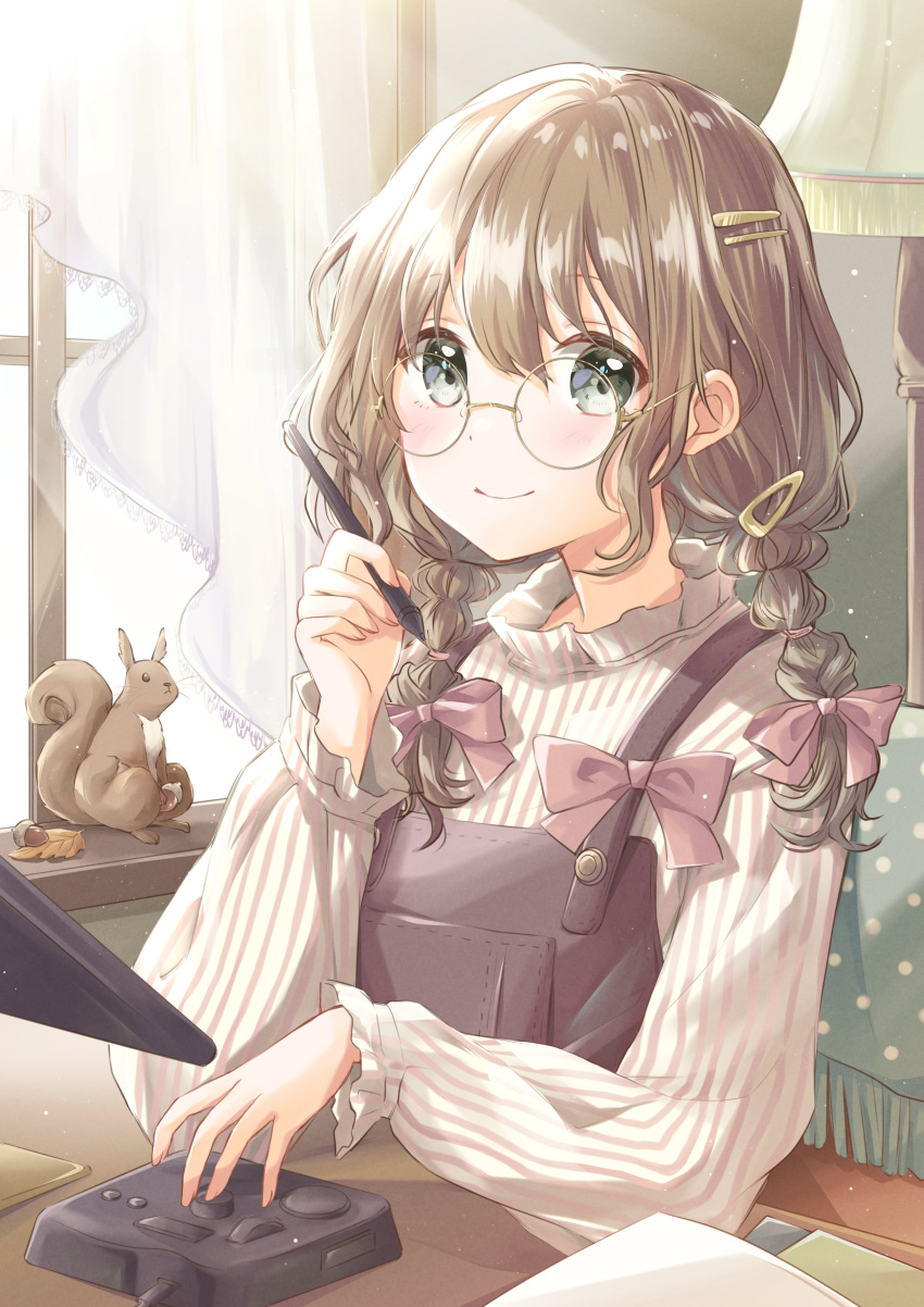1girl absurdres animal bangs blush bow braid brown_hair closed_mouth curtains desk glasses green_eyes hair_bow hair_ornament hairclip hand_up highres holding holding_pencil hoshiibara_mato indoors lamp long_hair long_sleeves looking_at_viewer original overalls pencil pink_bow short_twintails sitting smile solo squirrel sweater turtleneck turtleneck_sweater twintails white_sweater window