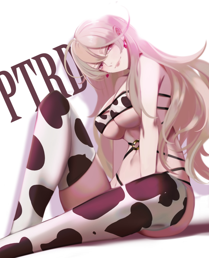 1girl absurdres animal_costume animal_print blonde_hair bra breasts character_name closed_mouth cow_costume cow_print earrings eyebrows_visible_through_hair from_side girls_frontline hand_on_floor highres jewelry large_breasts lips long_hair looking_at_viewer mole mole_under_eye ohc. on_floor ptrd_(girls'_frontline) sitting smile solo thigh-highs underwear violet_eyes white_background
