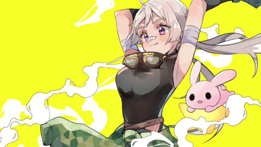 1girl ahoge bandaged_arm bandages bandaid bandaid_on_nose belt breasts chiro_(chi-bu-ko) commentary_request eyebrows_visible_through_hair goggles grey_hair highres long_hair original rabbit simple_background smoke star_(symbol) tongue tongue_out violet_eyes yellow_background