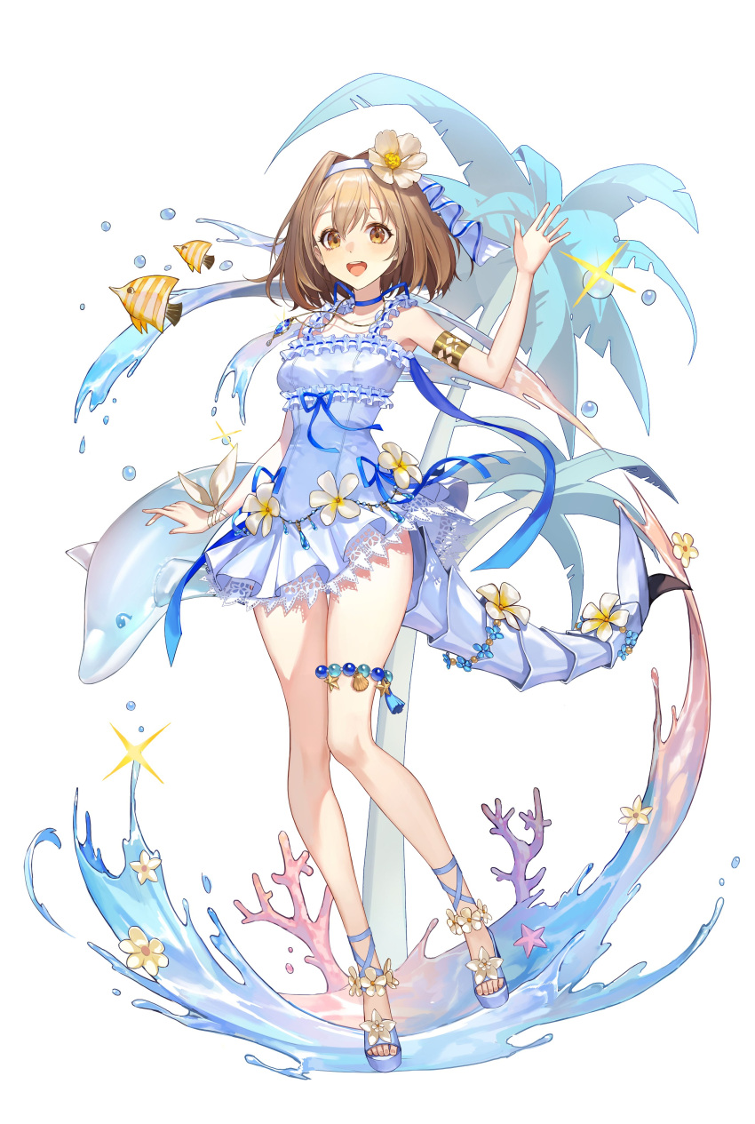 1girl absurdres alchemy_stars alternate_costume beads blue_ribbon brown_eyes brown_hair choker commentary_request coral dolphin dress fish flower frilled_dress frills full_body hair_flower hair_intakes hair_ornament hairband hand_up highres jewelry korean_commentary lace-trimmed_dress lace_trim looking_at_viewer min_a open_mouth palm_tree pendant ribbon ribbon_choker sandals short_hair simple_background sleeveless sleeveless_dress smile solo sparkle starfish tail tree upper_body vice_(alchemy_stars) water water_drop white_background white_dress