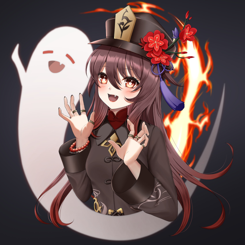 1girl :d bangs bead_necklace beads black_background black_nails brown_hair chinese_clothes commentary_request eyebrows_visible_through_hair fang fire flower genshin_impact ghost ghost_pose hair_between_eyes hat hat_flower hat_ornament highres hu_tao_(genshin_impact) jewelry konparu_uran long_hair long_sleeves looking_at_viewer necklace red_eyes ring sidelocks simple_background smile symbol-shaped_pupils twintails wide_sleeves