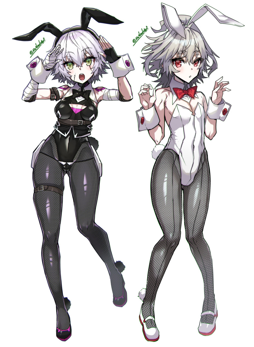 1boy 1girl animal_ears arms_up artist_name ass_visible_through_thighs bandages bare_shoulders belt belt_buckle bow bowtie breasts buckle commentary_request covered_navel detached_collar eyebrows_visible_through_hair fate/apocrypha fate_(series) fingerless_gloves full_body gloves green_eyes grey_hair hair_between_eyes haoro highres jack_the_ripper_(fate/apocrypha) leotard looking_at_viewer medium_breasts open_mouth pantyhose playboy_bunny rabbit_ears rabbit_tail red_eyes scar scar_across_eye scar_on_face short_hair shoulder_tattoo sieg_(fate) sleeveless tail tattoo teeth thigh_strap tongue twitter_username watermark white_hair wrist_cuffs