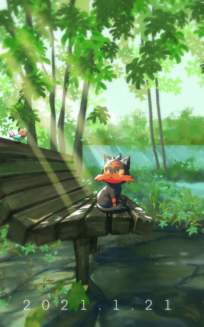 absurdres bench bird closed_mouth commentary_request dated day fletchling highres leaf light_rays litten looking_up no_humans outdoors pokemon pokemon_(creature) red_eyes shank sitting