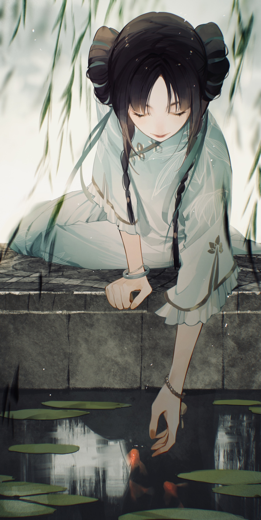 1girl absurdres black_hair bracelet braid chinese_clothes closed_eyes closed_mouth double_bun floral_print frilled_sleeves frills hanfu highres jewelry koi leaf original solo twin_braids water wide_sleeves willow zzennn