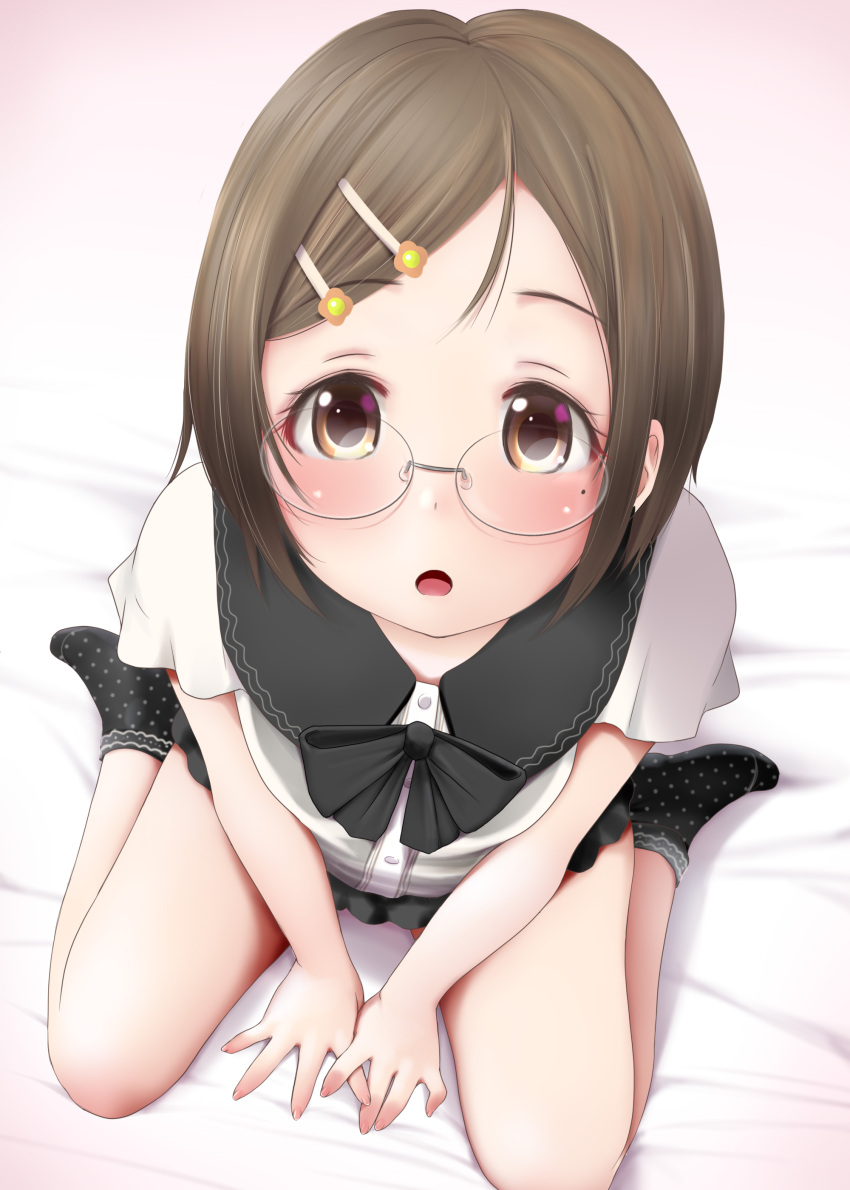 1girl :o absurdres bangs bare_legs bed_sheet between_legs black_bow black_legwear black_neckwear black_skirt blush bow bowtie brown_eyes brown_hair buttons collared_shirt dress_shirt foreshortening from_above glasses hair_ornament hairclip highres ichigo_mashimaro kozue_akari looking_at_viewer miniskirt mole mole_under_eye no_shoes open_mouth parted_bangs polka_dot rimless_eyewear round_eyewear sakuragi_matsuri shirt short_hair short_sleeves sidelocks sitting skirt socks solo thighs wariza white_shirt