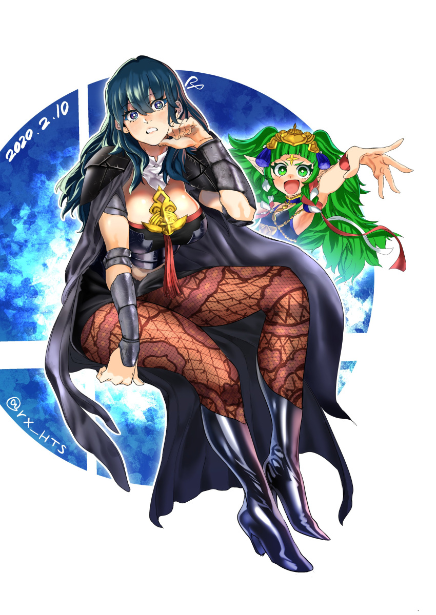 2020 2girls absurdres bangs black_cape black_footwear blue_hair boots braid brown_legwear byleth_(fire_emblem) byleth_eisner_(female) cape dated elf fire_emblem fire_emblem:_three_houses fire_emblem_16 fire_emblem_heroes goddess green_eyes green_hair high_heel_boots high_heels highres human intelligent_systems knee_boots loli long_hair manakete multiple_girls nintendo open_mouth pantyhose pointy_ears ribbon_braid rx_hts side_braids simple_background smash_ball sora_(company) sothis_(fire_emblem) super_smash_bros. super_smash_bros._logo tiara twitter_username