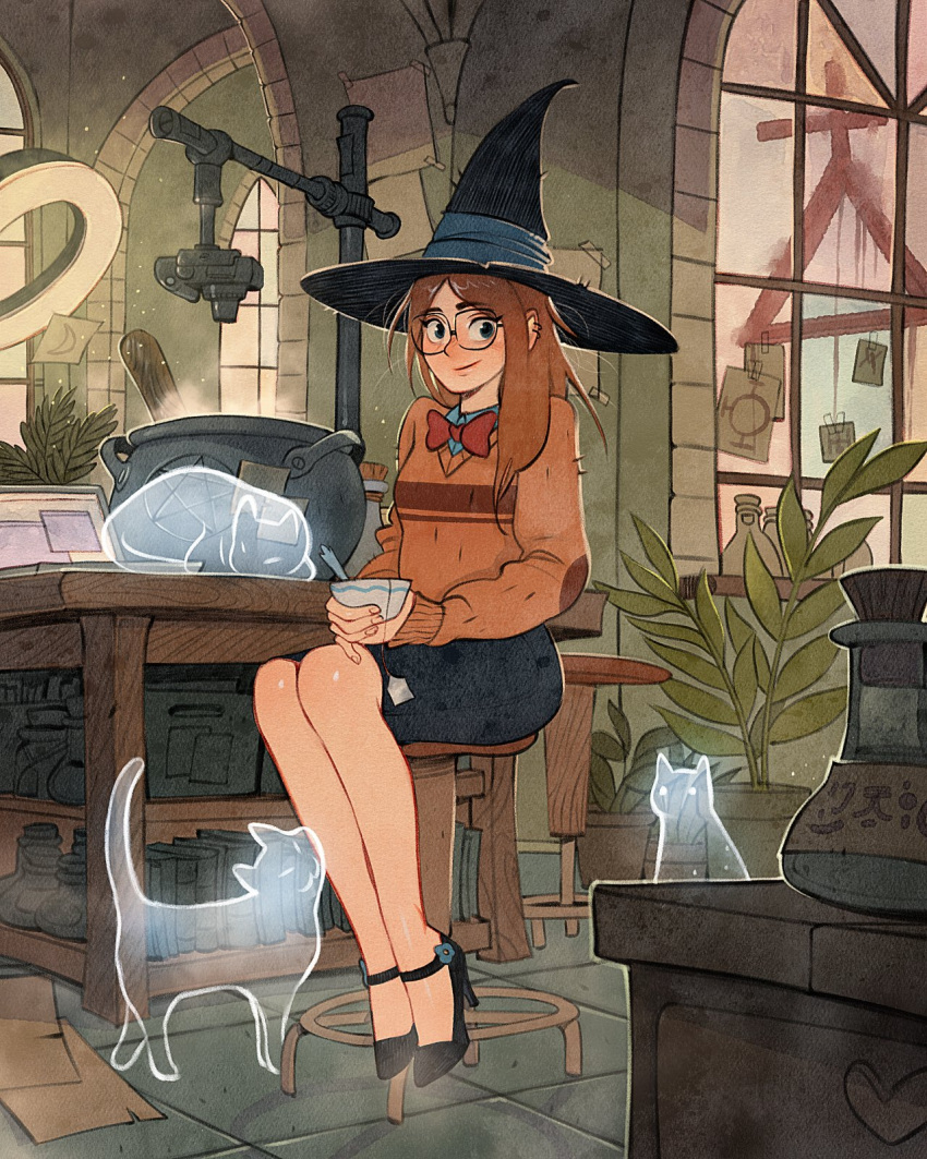 cauldron hat highres multiple_cats simz witch witch_hat wizard_hat