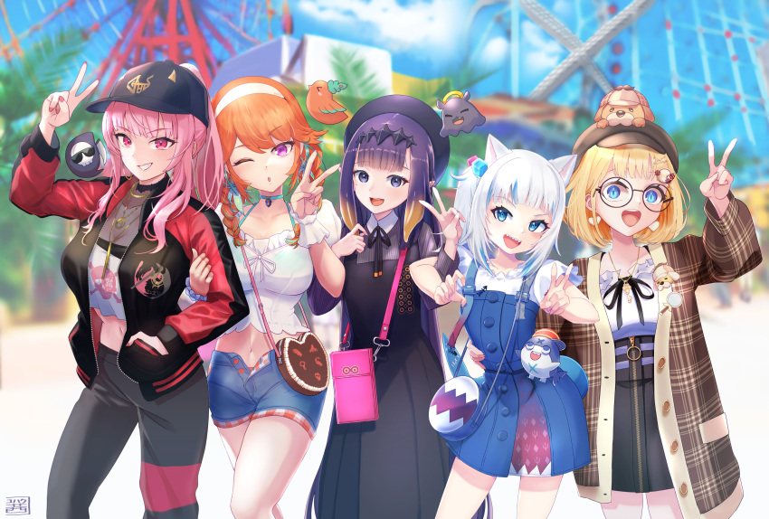 5girls absurdres bag bangs bloop_(gawr_gura) blue_eyes blue_hair blue_skirt blunt_bangs bubba_(watson_amelia) buttons death-sensei_(mori_calliope) earrings feather_earrings feathers fish_tail gawr_gura gradient_hair hair_cubes hair_ornament handbag highres hololive hololive_english holomyth jacket jewelry kotori_(takanashi_kiara) medium_hair miniskirt monocle_hair_ornament mori_calliope multicolored_hair multiple_girls nemu_iine ninomae_ina'nis official_alternate_costume orange_hair pants shark_girl shark_hair_ornament shark_tail sharp_teeth side_ponytail silver_hair skirt streaked_hair tail takanashi_kiara tako_(ninomae_ina'nis) teeth track_jacket track_pants track_suit two_side_up virtual_youtuber watson_amelia