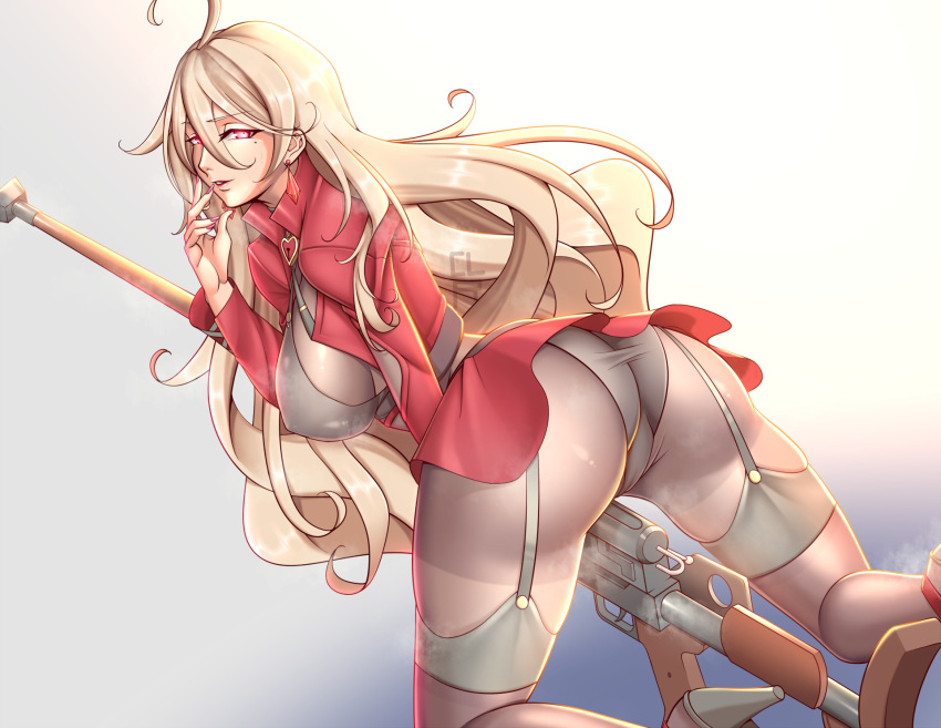 1girl anti-materiel_rifle ass black_bodysuit black_legwear blonde_hair bodysuit breasts cleru_(cleruuuuu) closed_mouth earrings eyebrows_visible_through_hair feet_out_of_frame from_side garter_straps girls_frontline gun high_heels highres jacket jewelry large_breasts lips long_hair looking_at_viewer mole mole_under_eye nail_polish pink_nails ptrd-41 ptrd_(girls'_frontline) red_jacket rifle simple_background sniper_rifle solo teardrop thigh-highs thighs violet_eyes weapon