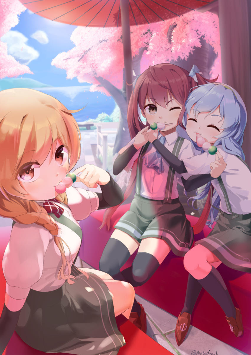 3girls arm_warmers asagumo_(kancolle) ascot blue_neckwear bow bowtie braid brown_eyes brown_hair cherry_blossoms closed_eyes cloud_hair_ornament dango food gradient_hair green_hairband grey_skirt hair_ribbon hairband hanami highres kantai_collection light_brown_hair long_hair looking_at_viewer metadio minegumo_(kancolle) multicolored_hair multiple_girls oil-paper_umbrella plaid_neckwear pleated_skirt red_eyes red_neckwear ribbon sanshoku_dango shirt short_sleeves sidelocks silver_hair sitting skirt suspender_skirt suspenders tree twin_braids twintails umbrella wagashi wavy_hair white_shirt yamagumo_(kancolle)