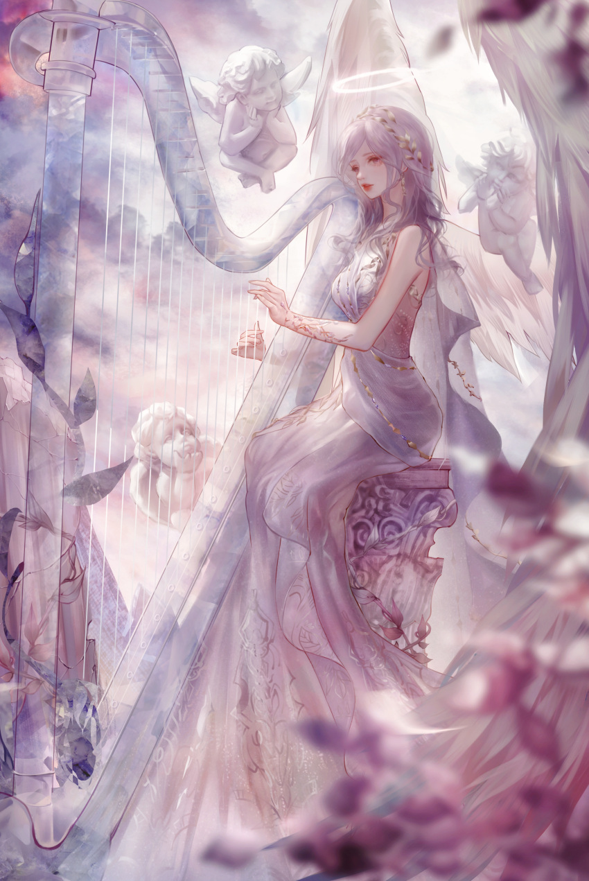 1girl absurdres angel angel_wings bare_shoulders blurry depth_of_field dress from_side halo harp highres instrument jiaopiupiu laurel_crown leaf long_dress long_hair music original playing_instrument profile sitting solo statue strapless strapless_dress wavy_hair white_wings wings