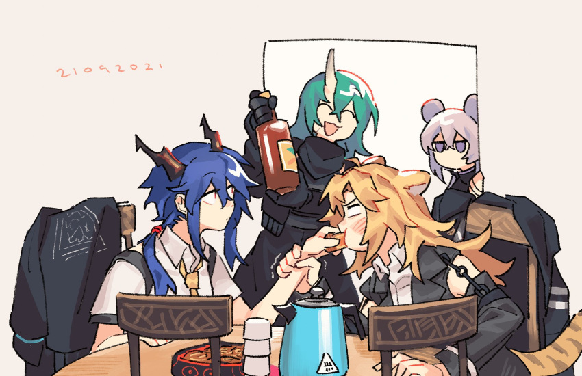 4girls animal_ears arknights beige_background black_gloves black_jacket blonde_hair blue_hair blush bottle ch'en_(arknights) chair closed_eyes closed_mouth collared_shirt dated dragon_horns feeding food food_in_mouth gloves green_hair hand_on_another's_arm highres holding holding_bottle holding_food horns hoshiguma_(arknights) jacket jacket_removed kettle lin_yuhsia_(arknights) long_hair long_sleeves looking_at_another mouse_ears multiple_girls necktie oni_horns open_mouth pink_hair scar scar_on_face shirt short_sleeves simple_background single_horn sitting smile swire_(arknights) symbol-only_commentary table tiger_ears trembling twintails vento violet_eyes white_shirt yellow_neckwear