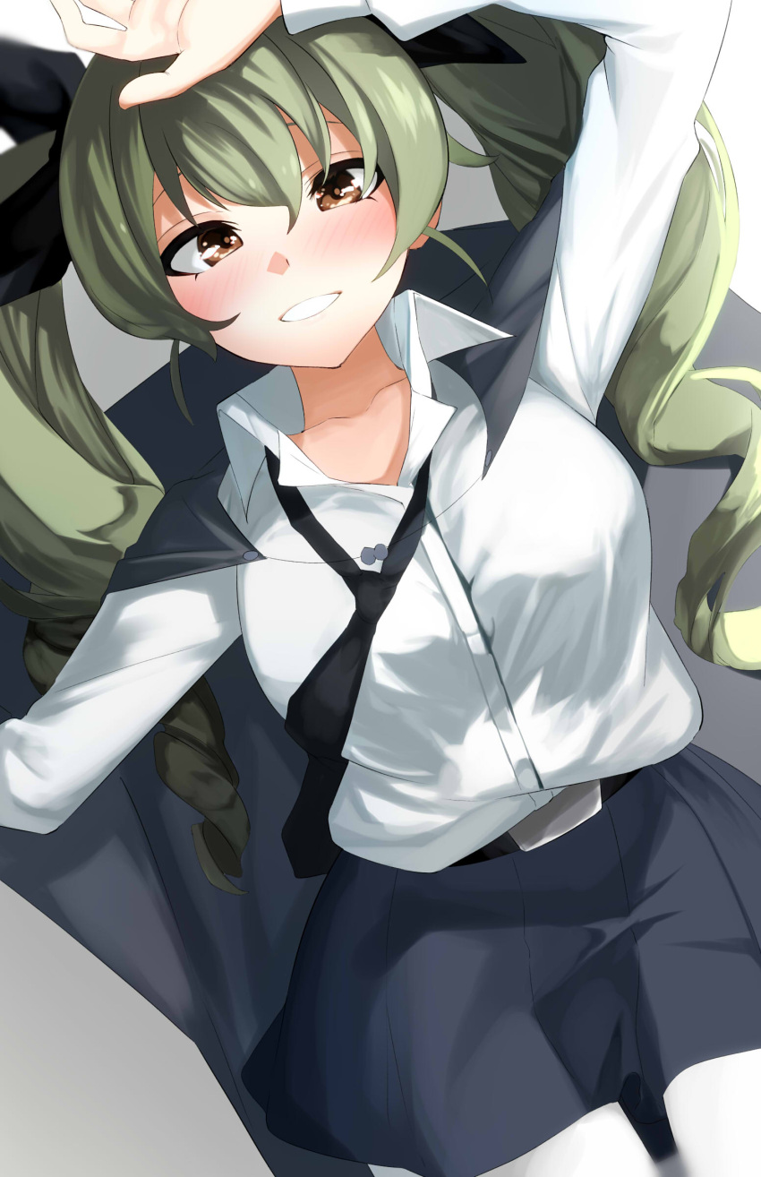 1girl absurdres anchovy_(girls_und_panzer) apple_(ygbhjdbiulsg) arm_above_head black_cape black_neckwear black_ribbon blush brown_eyes cape collarbone commentary_request drill_hair dutch_angle girls_und_panzer green_hair grin hair_between_eyes hair_ribbon highres looking_at_viewer loose_necktie necktie pantyhose ribbon shirt smile solo twin_drills twintails white_legwear white_shirt