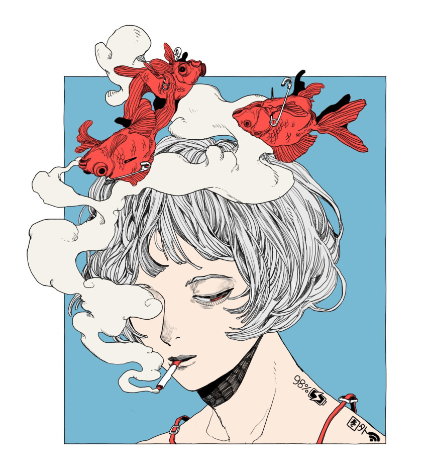 1girl blue_background border charging_device cigarette collarbone commentary_request grey_hair half-closed_eyes highres kamomiland koi original portrait red_eyes safety_pin short_hair smoke smoking solo spaghetti_strap surreal white_border