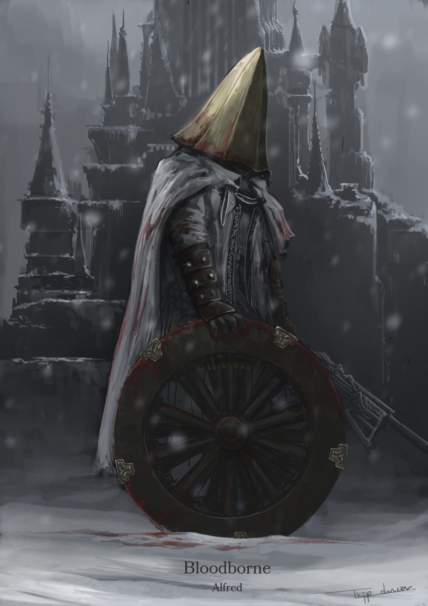 1boy alfred_(bloodborne) artist_name blood blood_on_clothes bloodborne cape castle cloak commentary copyright_name full_body gloves gun helmet highres holding holding_weapon logarius_wheel male_focus snow solo standing tripdancer weapon