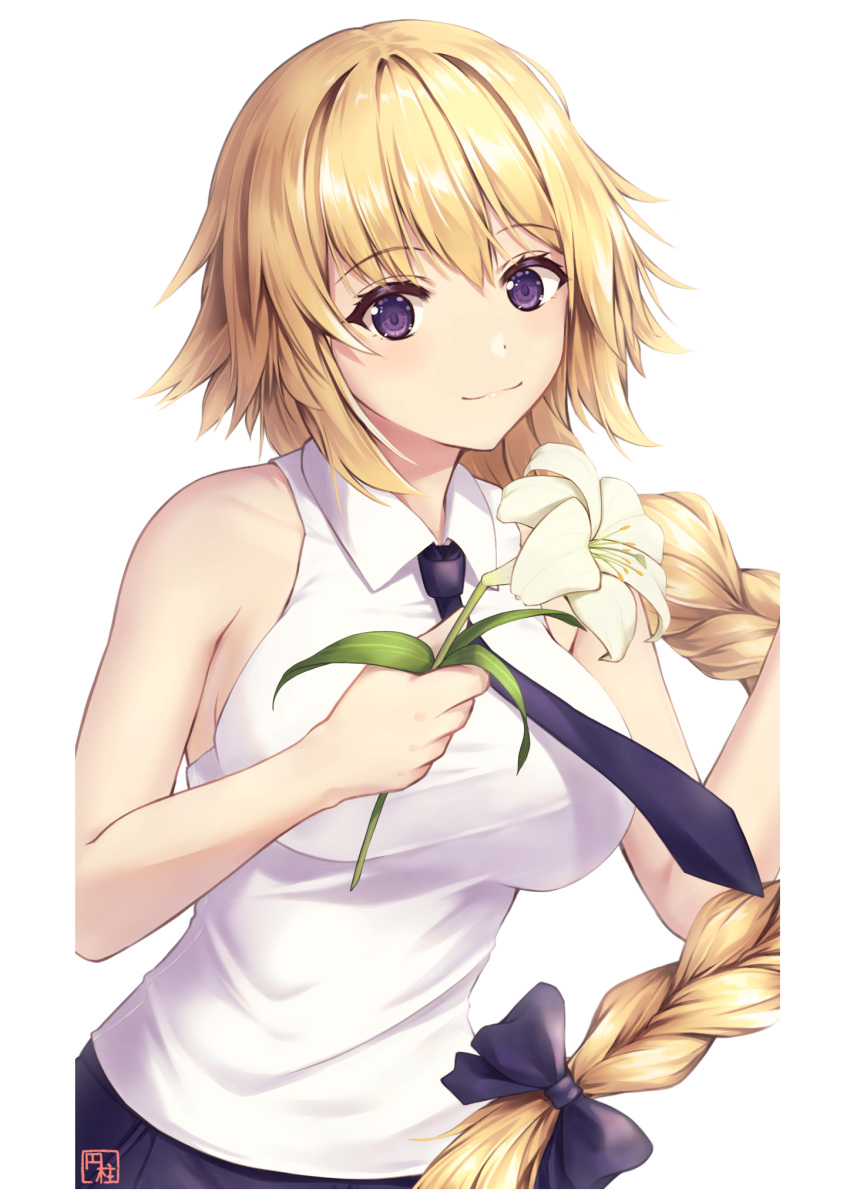 1girl bangs bare_arms bare_shoulders blonde_hair blush bow braid braided_ponytail breasts collared_shirt enchuu_kakiemon eyebrows_visible_through_hair fate/apocrypha fate/grand_order fate_(series) flower hair_bow hair_ornament highres holding holding_flower jeanne_d'arc_(fate) jeanne_d'arc_(fate/apocrypha) large_breasts long_hair looking_at_viewer necktie shirt simple_background smile solo upper_body violet_eyes white_background white_shirt