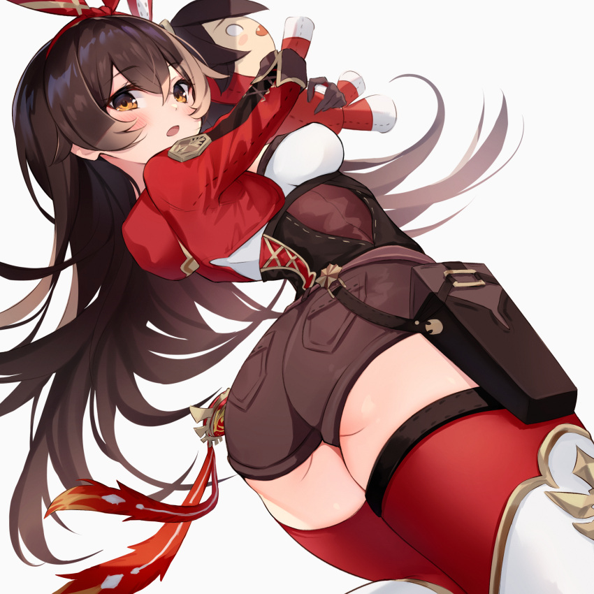 :o absurdres amber_(genshin_impact) ass baron_bunny_(genshin_impact) blush breasts brown_shorts cropped_jacket diieru from_behind genshin_impact gloves hairband highres hug jacket long_sleeves looking_at_viewer looking_back open_mouth red_jacket red_legwear short_shorts shorts simple_background solo stuffed_toy thigh-highs vision_(genshin_impact) white_background yellow_eyes