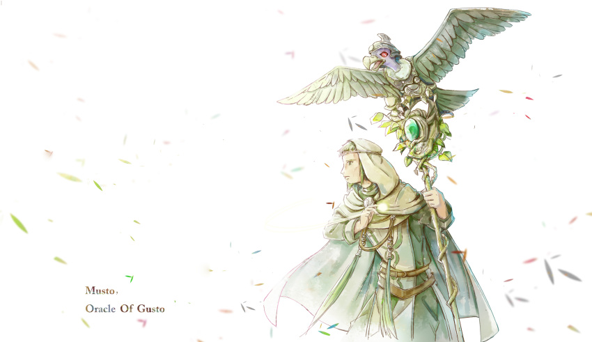 1boy armored_animal bird character_name circlet cloak duel_monster facial_hair falling_leaves goatee green_eyes green_hair helmet highres holding holding_staff hood hood_up hooded_cloak leaf long_sleeves male_focus musto_oracle_of_gusto red_eyes robe short_hair solo staff symbol-shaped_pupils tamago_(xyxk3743) wind yu-gi-oh!