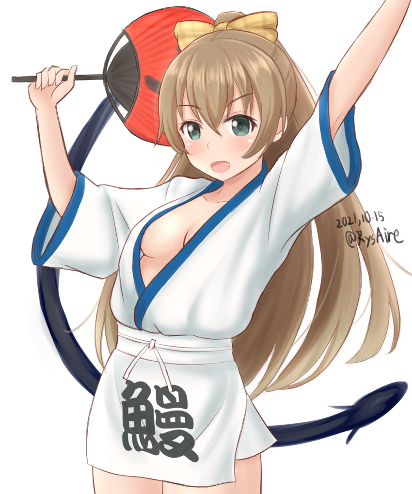 1girl ame-san apron arm_up blue_eyes blush bow breasts breasts_apart brown_hair commentary_request cowboy_shot dated dress eyebrows_visible_through_hair hair_between_eyes hair_bow hand_fan highres holding japanese_clothes kantai_collection kumano_(kancolle) long_hair medium_breasts open_mouth ponytail simple_background solo twitter_username white_apron white_background white_dress yellow_bow
