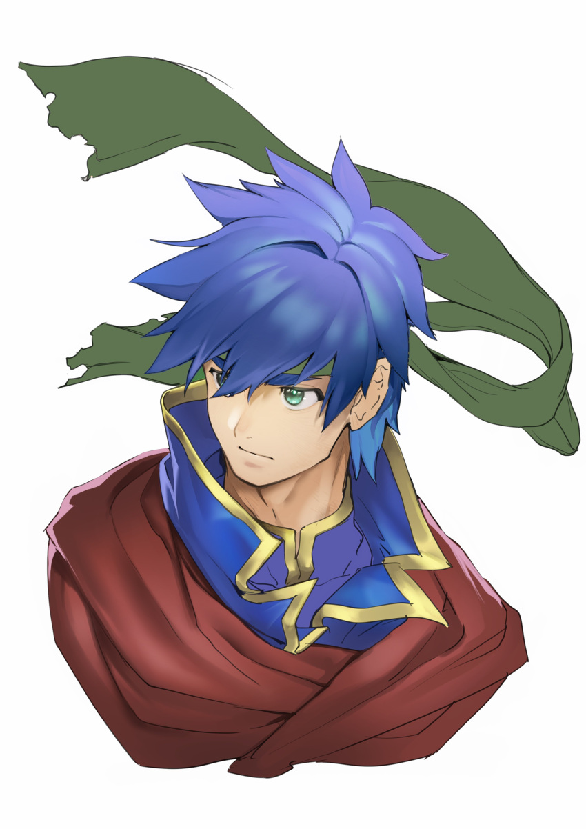 1boy absurdres blue_hair cape closed_mouth cropped_shoulders fire_emblem fire_emblem:_path_of_radiance fire_emblem_9 green_eyes green_headband headband highres ike_(fire_emblem) intelligent_systems looking_to_the_side male_focus nintendo portrait red_cape rx_hts simple_background solo spiky_hair white_background