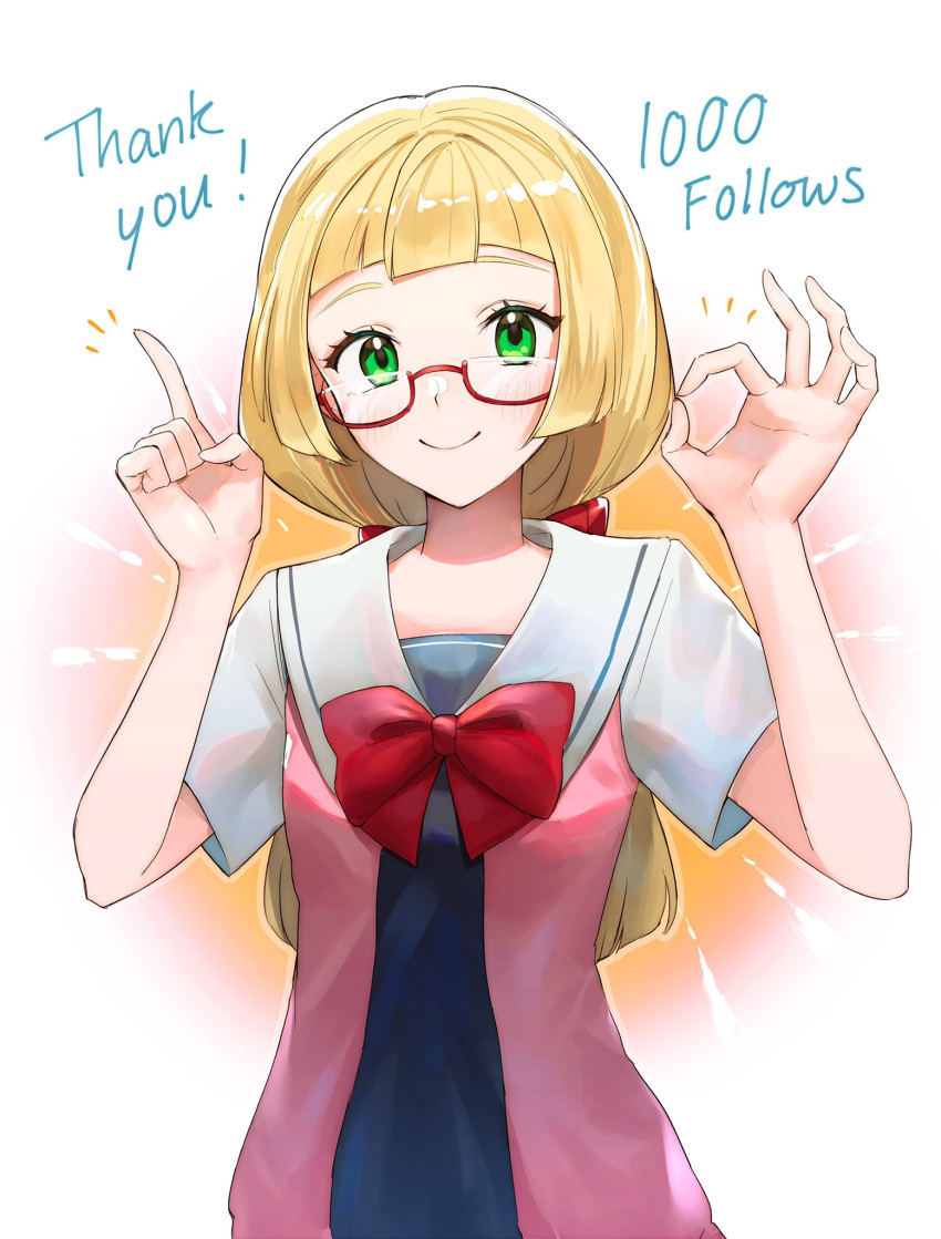 1girl alternate_costume bangs bespectacled blonde_hair blush bow closed_mouth commentary_request eyelashes face glasses green_eyes hands hands_up highres index_finger_raised konbu_1270 lillie_(pokemon) looking_at_viewer milestone_celebration ok_sign pokemon pokemon_(game) pokemon_sm red-framed_eyewear red_bow semi-rimless_eyewear shiny shiny_hair short_sleeves smile solo thank_you upper_body