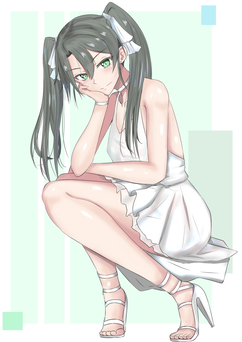 1girl absurdres armlet bare_shoulders blush boots closed_mouth commentary_request dress eyebrows_visible_through_hair green_eyes green_hair hair_between_eyes hair_ribbon hand_on_own_face high_heel_boots high_heels highres kantai_collection ken_(shutenndouji1) long_hair looking_at_viewer ribbon sleeveless sleeveless_dress smile solo twintails white_dress white_footwear white_ribbon zuikaku_(kancolle)