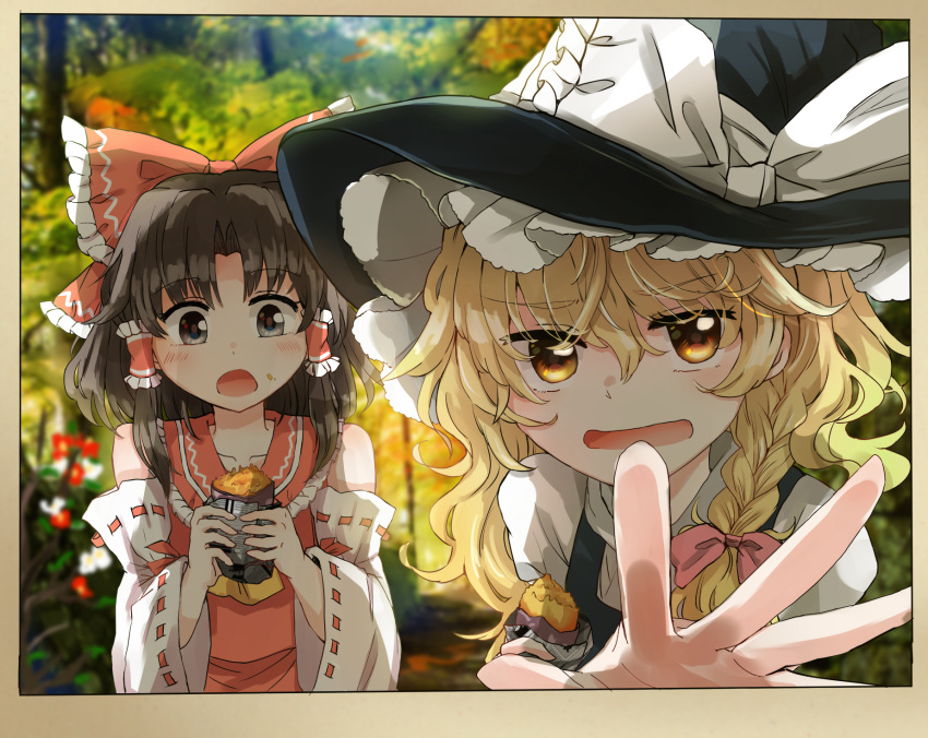 2girls ascot black_dress blonde_hair bow brown_hair buttons detached_sleeves dress eating forest grey_eyes hair_tubes hakurei_reimu hands highres kirisame_marisa long_hair multiple_girls nature nontraditional_miko photo_(object) puffy_sleeves red_bow red_shirt ribbon-trimmed_sleeves ribbon_trim shirt short_hair sidelocks sleeveless tigern touhou yellow_eyes