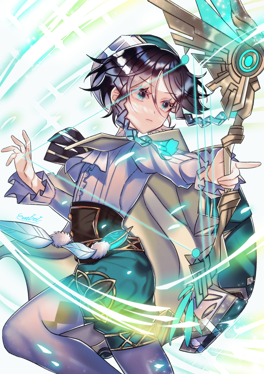 1boy absurdres androgynous argyle argyle_legwear bangs beret black_hair blue_hair bow bow_(weapon) braid closed_mouth collared_cape collared_shirt commentary_request corset emiri_(user_ggkz7554) eyebrows_visible_through_hair feathers frilled_sleeves frills genshin_impact gradient_hair green_eyes green_headwear green_shorts hat highres holding holding_bow_(weapon) holding_weapon long_sleeves male_focus multicolored_hair pantyhose shirt short_hair_with_long_locks shorts sidelocks solo twin_braids venti_(genshin_impact) vision_(genshin_impact) weapon white_legwear white_shirt