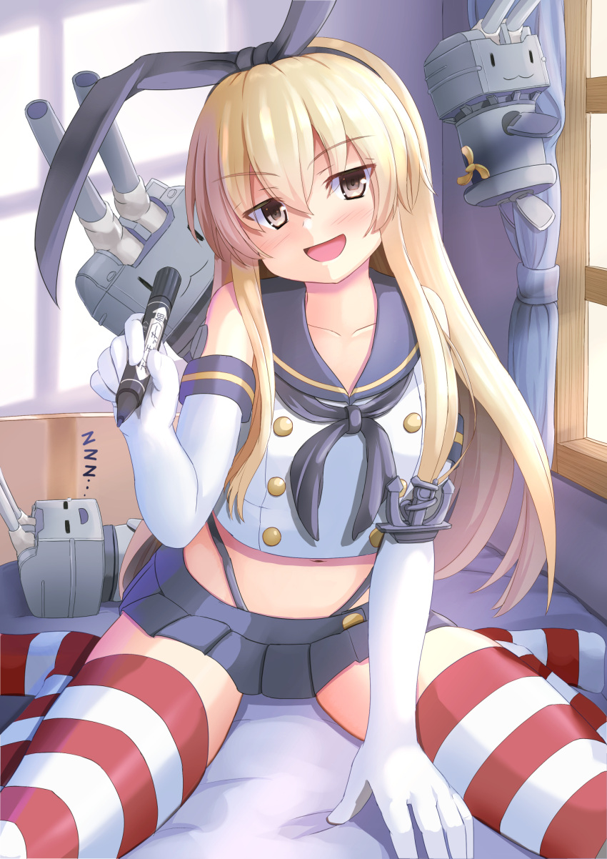 1girl anchor_hair_ornament black_hairband black_panties blonde_hair blue_skirt crop_top elbow_gloves gloves grey_eyes hair_ornament hairband highleg highleg_panties highres indoors kantai_collection long_hair microskirt panties rensouhou-kun sailor_collar shimakaze_(kancolle) skirt striped striped_legwear thigh-highs thong tukimotoreiji underwear white_gloves