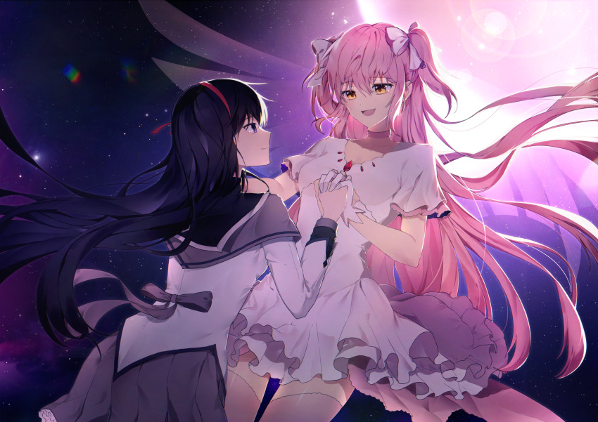 2girls :d absurdres akemi_homura bangs black_hair capelet dress eyebrows_visible_through_hair frilled_dress frills gloves goddess_madoka hair_ribbon hairband high_heels highres holding_hands kaname_madoka long_hair looking_at_another magical_girl mahou_shoujo_madoka_magica multiple_girls nohyoo_0911 open_mouth parted_lips pink_hair pleated_skirt ribbon shield skirt smile space thigh-highs two_side_up violet_eyes white_dress white_gloves winged_footwear wings yellow_eyes yuri