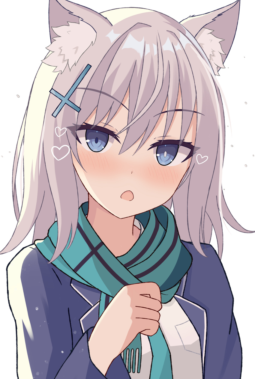 1girl :o absurdres animal_ear_fluff animal_ears bangs blazer blue_archive blue_eyes blue_jacket blue_neckwear blue_scarf blush breast_pocket cat_ears cross_hair_ornament eyebrows_visible_through_hair grey_hair hair_between_eyes hair_ornament hand_up heart highres jacket long_hair looking_at_viewer mismatched_pupils necktie open_mouth pocket scarf shiroko_(blue_archive) shirt simple_background solo striped striped_scarf tareke_(hetarepoke) white_background white_shirt