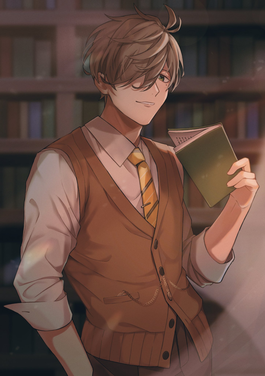 1boy book brown_hair brown_pants brown_vest collared_shirt green_eyes hair_over_one_eye highres holding holding_book library looking_at_viewer male_focus mole mole_under_eye necktie nijisanji oliver_evans one_eye_covered pants parted_lips setake shirt smile solo vest virtual_youtuber white_shirt yellow_neckwear