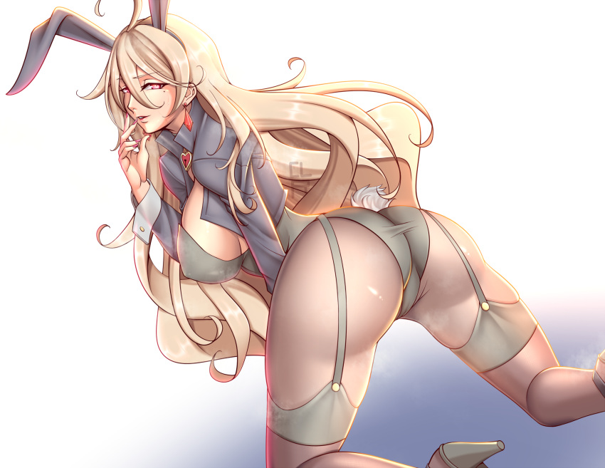 1girl animal_ears anti-materiel_rifle ass black_bodysuit black_jacket black_legwear blonde_hair bodysuit breasts cleru_(cleruuuuu) closed_mouth earrings eyebrows_visible_through_hair fake_animal_ears feet_out_of_frame from_side garter_straps girls_frontline gun high_heels highres jacket jewelry large_breasts lips long_hair looking_at_viewer mole mole_under_eye nail_polish pink_nails playboy_bunny ptrd-41 ptrd_(girls'_frontline) rabbit_ears rabbit_tail rifle simple_background sniper_rifle solo tail teardrop thigh-highs thighs violet_eyes weapon
